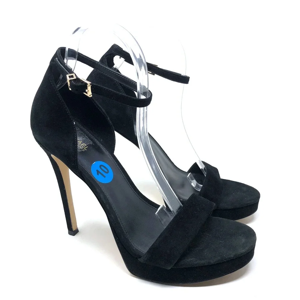 Michael Kors Platform Sandals Womens 10 Black Suede Ankle Strap Stiletto‎ SG22F